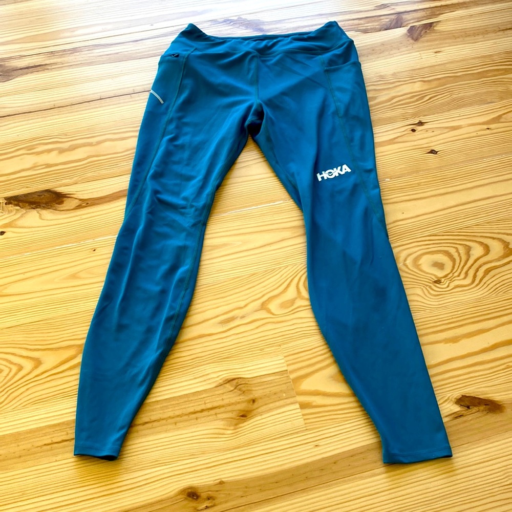 Hoka Teal Performance Crop Tights Leggings Large Side Pockets